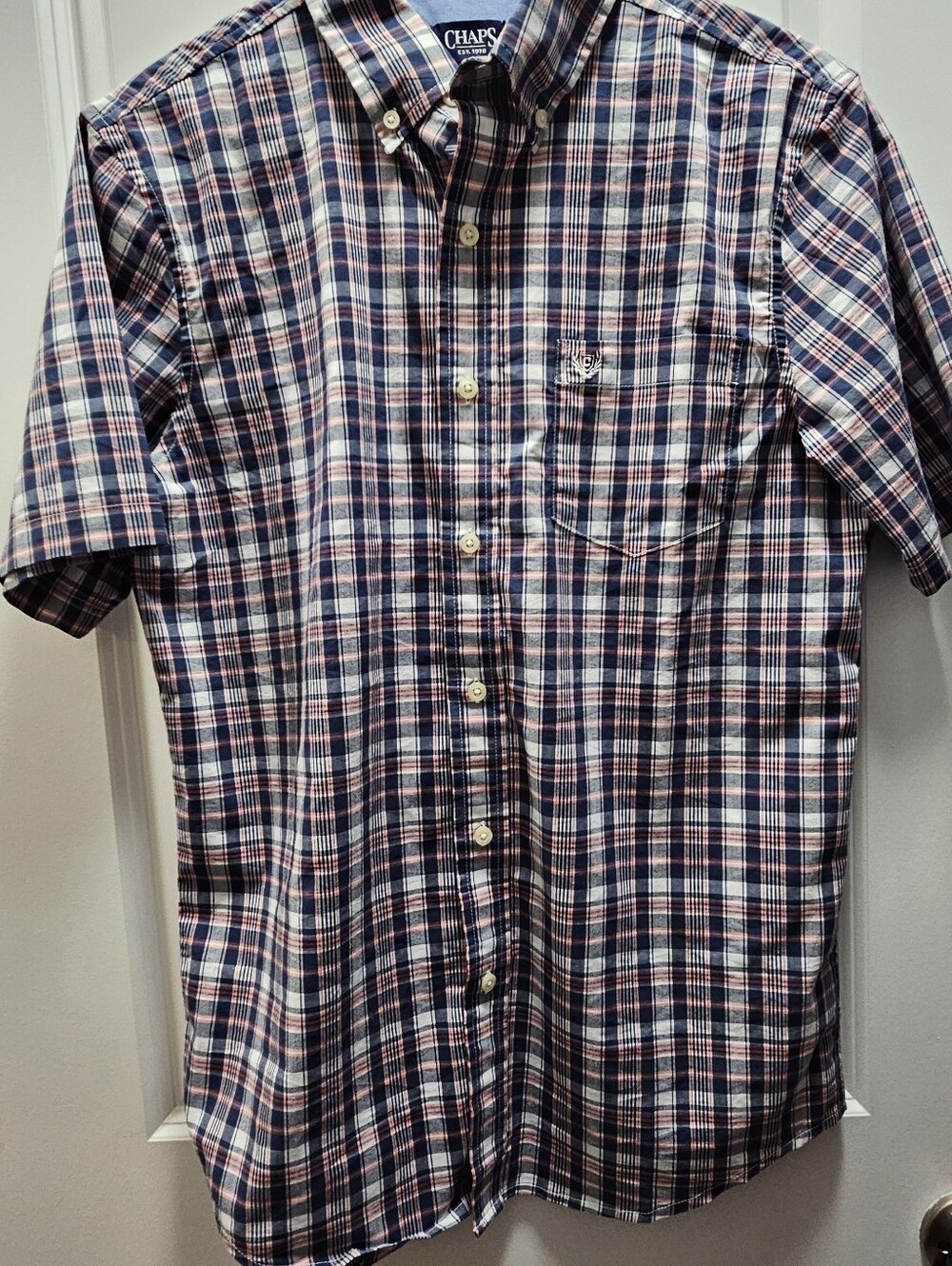 Chaps Plaid Short-Sleeve Button-Down Shirt - Navy, White, Red